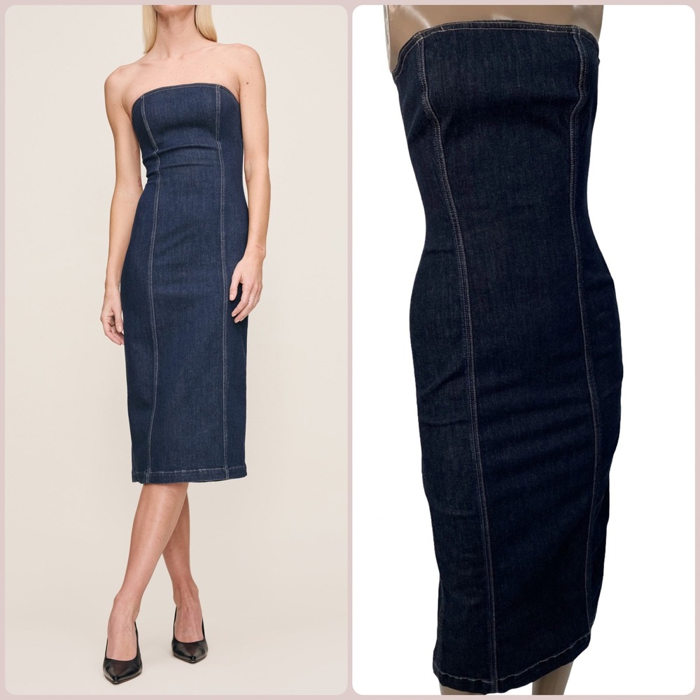 NEW DL1961‎ Esme Strapless Denim Midi Dress Crescent Harbor Dark Wash Bodycon S